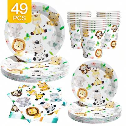 Forest Animal Themed Disposable Plate, Napkin, Cup Set, Serves 8 Guests, Suitable For Birthday, Wedding, Party, Family Picnic