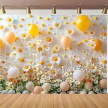 1pc 2D Flat Vibrant Daisy & Balloon Birthday Party Backdrop  Ft/Ft, Photography, Cake Table Decor, And Portrait Backgrounds, Spring - Nhiều màu - Xem 1