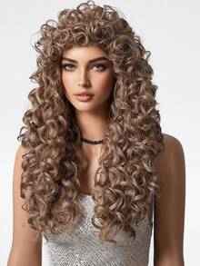 24-Inch Khaki Curly Wig, Golden Wavy Linen Wig, Synthetic Long Curly Wig. Heat-Resistant Synthetic Wig, Fluffy Curly Hair With Bangs, 18-Inch Ombre Golden Chemical Fiber Wig, Bangs Wig, Convenient For Daily Wear, Beginner-Friendly, Voluminous Big Curly Hair, Suitable For Halloween And Cosplay, Versatile Use For Daily, Party, Cosplay, Holidays And Music Festivals, Elegant And Fashionable Essential Item. - Khaki - View 4