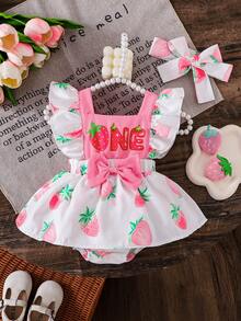 Newborn Baby Girl Strawberry Theme Romper Set, White Base Printed + Pink Cami Dress Romper With Bow Headband, Cute And Sweet - Pink - View 1