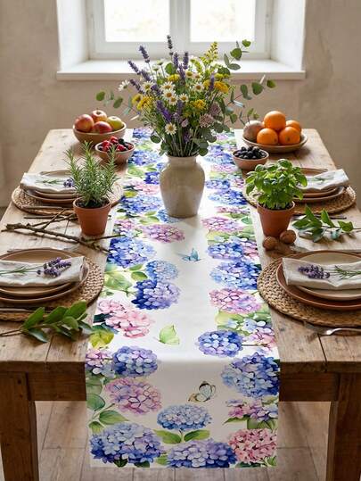 Watercolor Hydrangea & Peony Table Runner: Blue-Purple Floral & Pink Peony Print Design – Durable Polyester Fabric Ideal For Dining Table/Coffee Table Decor, Easter Holiday Gathering Accent & Spring Seasonal Home Decoration