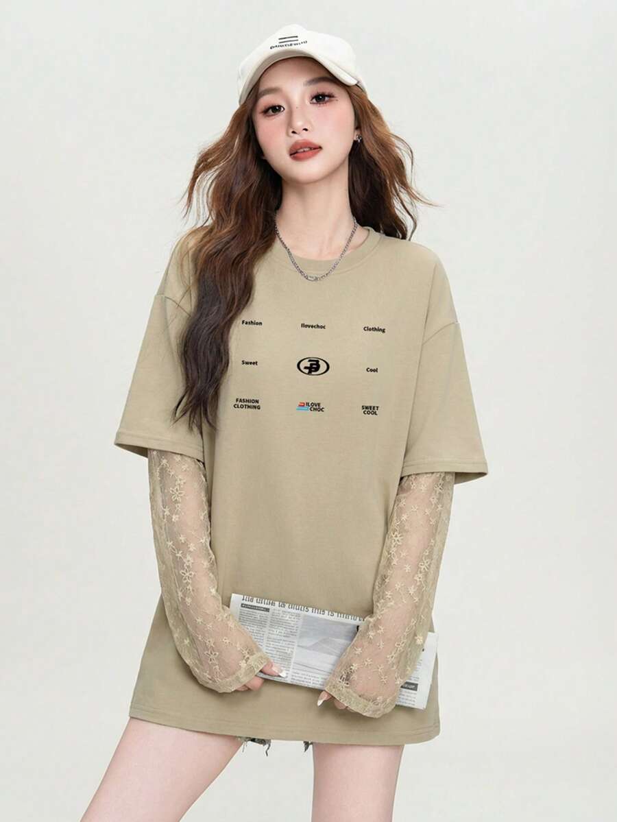 Blusa elegante y encantadora de manga media con cuello redondo y empalmado de encaje en color caqui para primavera/verano, Camiseta de manga larga con estampado de letras 2026, Conjunto casual de Año Nuevo - 2A11 Caqui - 1144 Negro - Ver 1