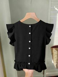 Women's Ruffle Trim Button Back Blouse, Fashionable And Cute - Black - View 2