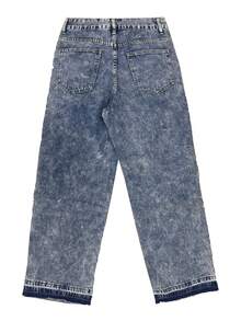 Y2K Distressed Cat Whisker Straight Leg Jeans, Wide Leg Jeans, Street Rock Denim, Splattered Denim Pants For All Seasons, Frayed Hem Wide Leg Loose Fit Jeans, Y2K Streetwear Casual Daily Cotton Pants - Blue - View 5
