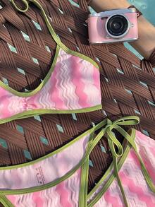 Bộ bikini mùa hè dành cho nữ, chất liệu vải dệt họa tiết, kiểu dáng tươi mát, thích hợp cho kỳ nghỉ biển và các bữa tiệc, đồ đi biển và trang phục thường ngày cho nữ. - Bột xanh - Xem 5