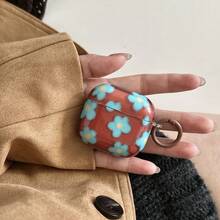 复古简约棕色底粉色蓝色毛绒花朵挂环耳机保护套，兼容 Pro 2、Apple 4 简约新款 3 代耳机，女士适用 - 彩色 - 查看 13