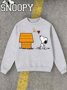 Snoopy Authorization,Tween Boy And Boys Clothes , Next To The Doghouse, There Is Snoopy And Lovewoodstock.  Print, Modern Punk Crewneck Sweatshirt, Autumn And Winter Children's Fleece Sports Sweater, Suitable For Boys And Girls For Daily Commuting, School, And Casual Sportswear.  Long-Sleeved Top, Perfect For Holiday Parties, Outdoor Activities, And Travel. - 灰色 - 查看 1