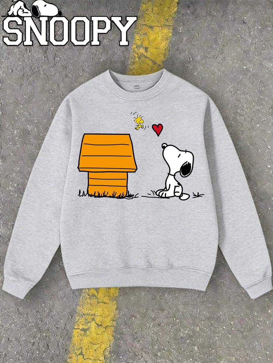 Snoopy Authorization,Tween Boy And Boys Clothes , Next To The Doghouse, There Is Snoopy And Lovewoodstock.  Print, Modern Punk Crewneck Sweatshirt, Autumn And Winter Children's Fleece Sports Sweater, Suitable For Boys And Girls For Daily Commuting, School, And Casual Sportswear.  Long-Sleeved Top, Perfect For Holiday Parties, Outdoor Activities, And Travel. - 灰色 - 查看 1