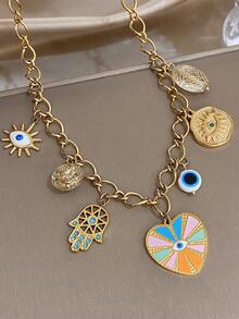 مجموعة قلادة وسوار قابلة للتعديل بتميمة قلب محظوظ بوهيمي للنساء، مطلي بالذهب عيار 18 قيراط من الفولاذ المقاوم للصدأ مع خرز أكريليك وتعاويذ عين الشر والخف، مناسبة لعيد الحب، الحفلات، الحفلات الراقية، الاستخدام اليومي، المواعدة، مهرجانات الموسيقى، العطلات، أعياد الميلاد، هدية رمزية أنيقة - متعدد الألوان - مشاهدة 2