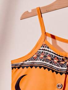 Girls Bohemian Style Set, Orange Camisole Top + Wide Leg Pants With Star & Moon Sheep Print And Bohemian Geometric Trim, Loose 2-Piece Outfit For Beach, Casual, Party, Spring/Summer - Orange - View 7