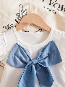 Conjunto de vestido de pastel con lazo dulce para niñas pequeñas - Camiseta blanca con mangas con volantes + Falda plisada azul de varias capas con decoración de lazo grande + Cintura elástica, Estilo princesa Conjunto de 2 piezas para verano, Adecuado para fiesta de cumpleaños, salir con amigos, uso diario, primavera/verano - Azul - Ver 6