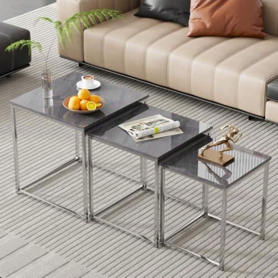 Set Of 3 Nesting Coffee Tables For Living Room Nest Of 3 Nested Tables Sofa Side Table Coffee Table End Tables Space Saving Dark Grey - Dark Grey - View 1