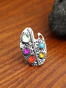 Vintage Distressed Painter's Palette Ring, Colorful Synthetic Gemstone Artistic Style Open Ring - Silver - View 8