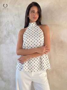 波点露背宽松休闲蝙蝠袖罩衫，显身材 - 白色 - 查看 3