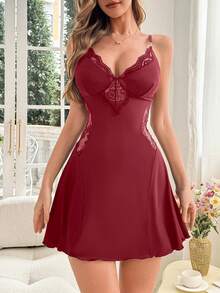 New Sexy Spaghetti Strap Nightgown With Lace Trim, Fashionable Bow Tie Short Nightdress, Suitable For Outdoor Wear - Burgundy - View 3