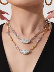 1pc European & American Style Zirconia Eye & Cultured Pearl Textured Necklace, Stainless Steel Jewelry - P706 - Necklace - View 3