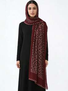 1件红色豹纹女士头巾，波西米亚水墨豹纹面纱头巾，休闲柔软防风披肩，适合日常穿着。 - 紅木色 - 查看 6