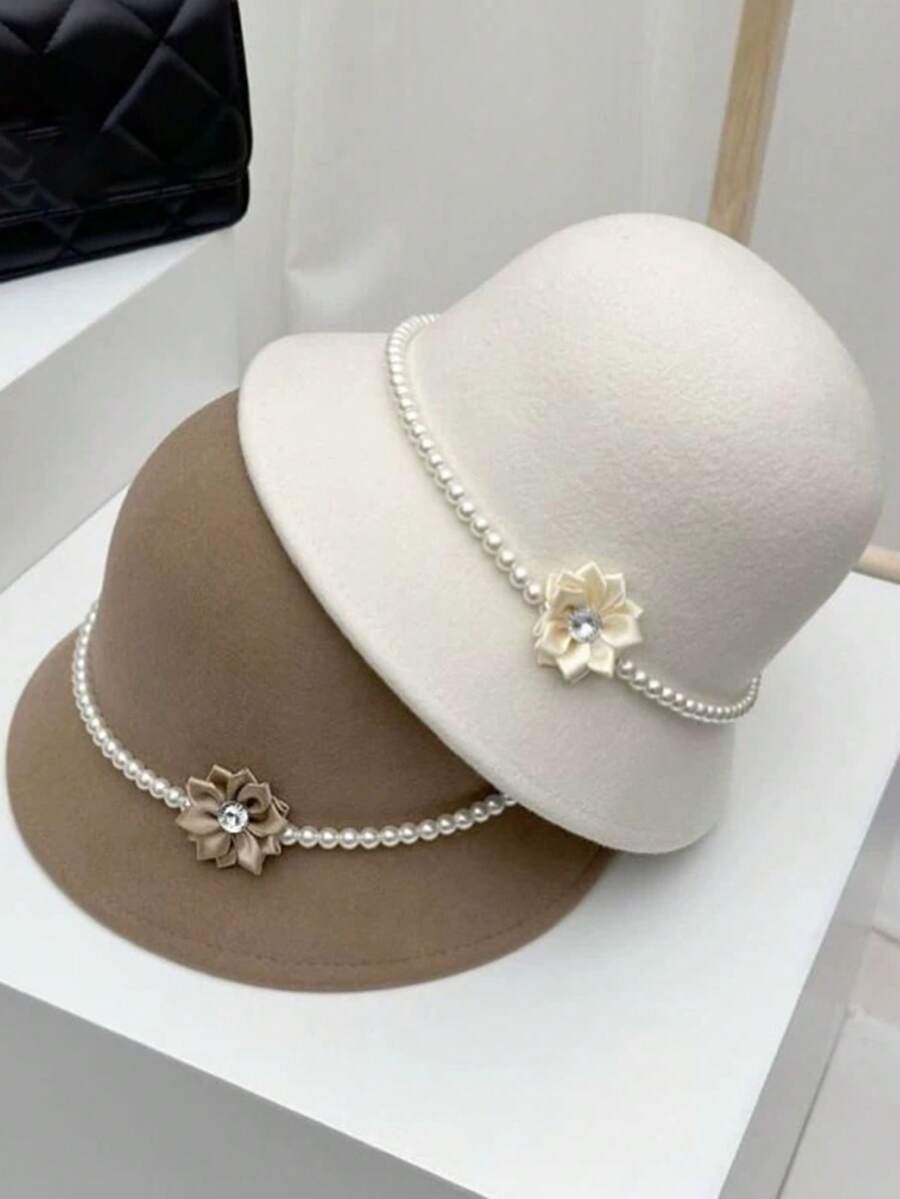 Shiny Polyester Pearl Flower Wool Bucket Hat, Elegant French Retro Small Basin Hat, Suitable For Autumn/Winter, Graceful Elegant Lady Gift - Multicolor - View 1