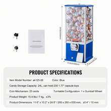 Gumball Machine, 25" Height Home Vending Machine, PS Bouncy Balls Dispenser, Hold 230 Capsule Toys, Rectangle Bubble Gum Machine For Game Stores, Coin Operated Gumball Bank, Blue - 藍色 - 查看 7