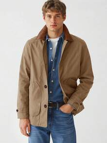 Runcati Men's Spring Vintage Military Cotton Barn Jacket Lightweight Button Down Casual Pockets Outdoor Outwear - 卡其色 - 查看 1