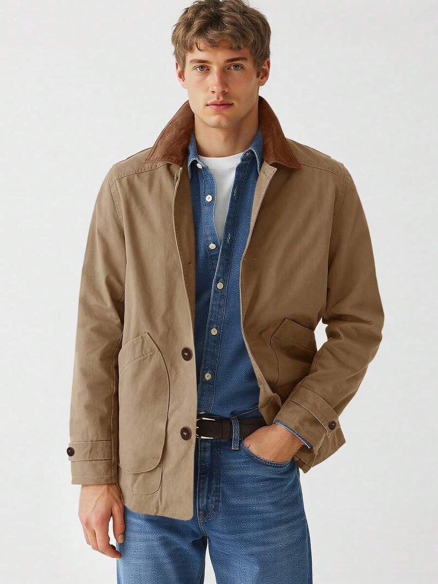 Runcati Men's Spring Vintage Military Cotton Barn Jacket Lightweight Button Down Casual Pockets Outdoor Outwear - 卡其色 - 查看 1