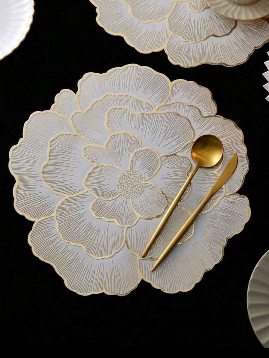 1-8 st/set guldfärgade blommönster PVC-bordsunderlägg, tvättbara, lätta att rengöra, halkfria, värmebeständiga, lämpliga för bröllopsfester och bordsdekorationer på högtider och evenemang - Guld - Visa 1
