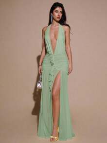 Valentine Outfits For WomenBAE Sexy Minimalist Solid Yellow Cream Deep V-Neck Halter Bodycon Ruched Fitted Women's Maxi Mesh Dress, Suitable For Party, Cocktail, Formal Occasions, Bridesmaid, Birthday, Business Casual, Elegant Women Maxi Dress,Valentine's Day,Valentine Fits For WomenLoose And Comfortablevalentine's Day - 薄荷綠 - 查看 4