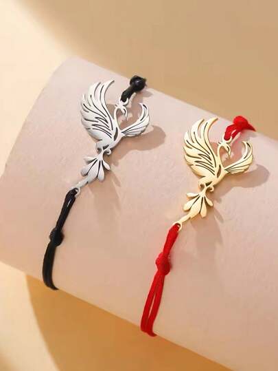 1pc Stainless Steel Phoenix Pendant Adjustable Bracelet, Vintage Lucky Amulet Jewelry Gift For Women