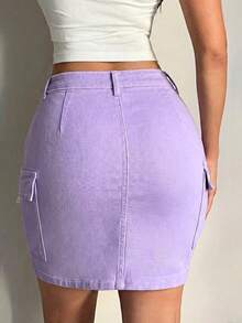 Women Denim Mini Skirt Straight Style Pocket Detail Medium Stretch Elegant Sexy - Purple - View 3