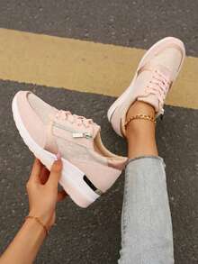 Women's Wedge Sneakers: Rose Gold Mesh Platform Sneakers With Side Zip For Daily Comfort 6CM Hidden Heel Sneakers: Nude Rose Gold Mesh Casual Shoes - Easy Slip-On For Jeans & Dresses Comfy Platform Wedge Sneakers: Breathable Mesh Rose Gold Accent Shoes For Women 2025 Elegant Nude Wedge Sneakers: Side Zip Platform Casual Shoes - Soft & Stylish For Summer Metallic Accent Wedge Sneakers: 6CM Hidden Heel Mesh Sneakers - Versatile For Work & Weekend - Hồng - Xem 1
