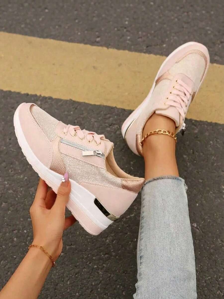 Women's Wedge Sneakers: Rose Gold Mesh Platform Sneakers With Side Zip For Daily Comfort 6CM Hidden Heel Sneakers: Nude Rose Gold Mesh Casual Shoes - Easy Slip-On For Jeans & Dresses Comfy Platform Wedge Sneakers: Breathable Mesh Rose Gold Accent Shoes For Women 2025 Elegant Nude Wedge Sneakers: Side Zip Platform Casual Shoes - Soft & Stylish For Summer Metallic Accent Wedge Sneakers: 6CM Hidden Heel Mesh Sneakers - Versatile For Work & Weekend - Hồng - Xem 1