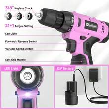 FADAKWALT Cordless Lithium-Ion Drill Set, 12V Electric Drill Set, Pink Electric Drill With Battery And Charger, 3/8-Inch Keyless Chuck With 21+1 Torque Gear Setting, Suitable For Women's Gardening DIY Projects, Home Decoration Maintenance And Other Electric Tool Sets - Xem 5