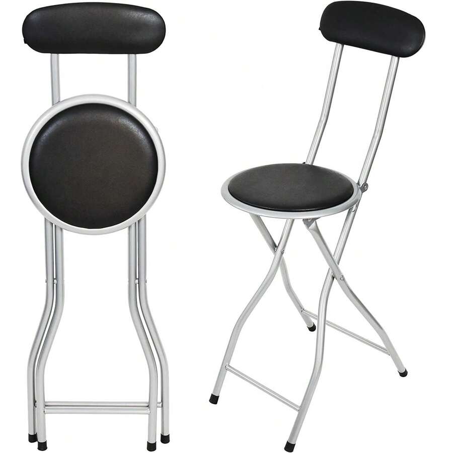 Gr8 Home Black Folding Bar Stool Breakfast High Back Chair Padded Round Desk Seat Kitchen - Black - View 1