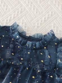 女童星形印花公主薄纱蛋糕裙，节日服装，生日礼物，派对服饰 - 藏蓝色 - 查看 5