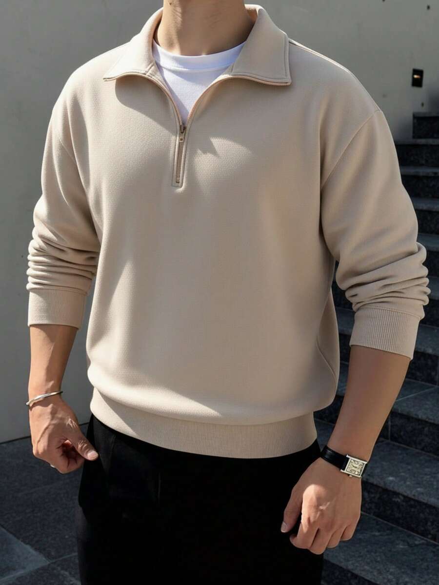 1件男士轻薄半拉链领纯色卫衣 - 杏色 - 查看 1