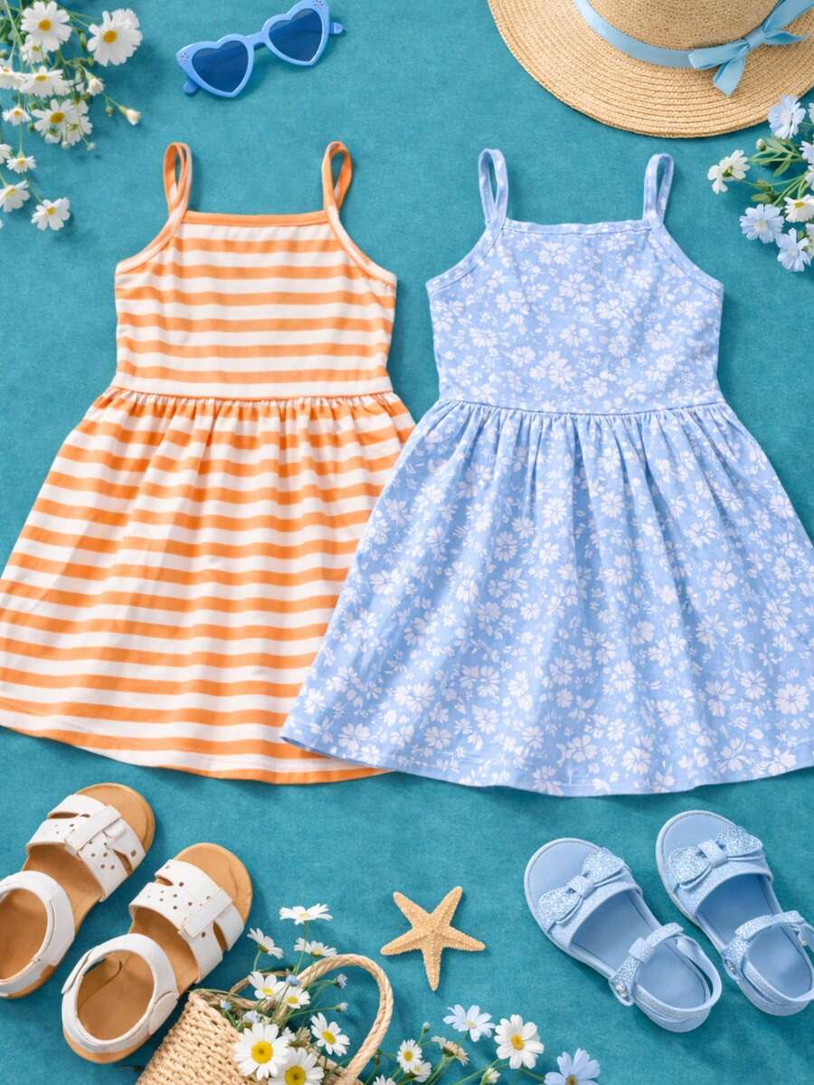 Set Of 2 Dresses For Girls, Flared, Printed, Strappy Style. - Multicolor - View 1