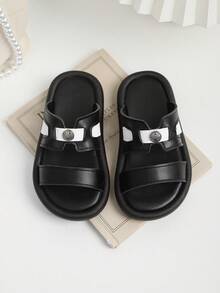 1 Pair Kids Open Toe Anti-Slip Beach Sandals, Children Casual White Bottom Classic Soft Bottom Leisure Slippers, Versatile Toddler Walking Sandals - Black - View 5