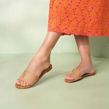 Vizzano Slide Sandal With Textured Strap And Metallic Logo Detail - Camel Lezard - View 1