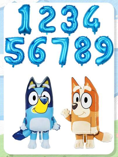  Bluey Cartoon Cute Blue & Orange Pom Pom Theme Birthday Balloons, 1-9 Blue Number Balloons, Suitable For Tabletop Decor, Birthday Party, Celebration, Growth Ceremony, Anniversary Home Decoration