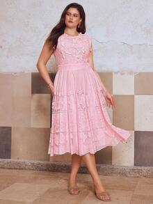 Simplee 大码女装春夏新款优雅蕾丝无袖圆领长裙，随机蝴蝶贴花和珍珠装饰，适合婚礼、派对、约会等场合穿着，粉色 - 粉色 - 查看 8