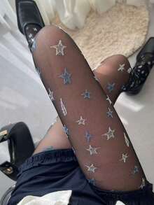 1 Pair New Women's Star Pattern Sheer Tights – Thin Sweet Cool Style Pantyhose For Spring Summer & Daily Outfits - milky white - View 3