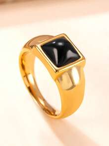 1枚经典几何方形和圆形立方氧化锆不锈钢18K镀金戒指，适合女士日常和派对佩戴 - 黑色-金 - 查看 7