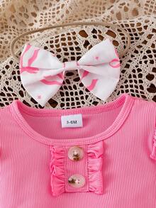 3pcs Baby Girl Princess Style Set: Ruffled Trim Button Decor Cap Sleeve Pink T-Shirt, Butterfly Print Double-Layer Cake Skirt With Bow Decor, And Bow Headband - Pink - View 4