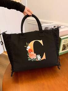 黑色帆布流苏单肩包，大容量手提包，学生笔记本电脑包 - 長方形 - 查看 8