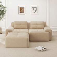 Boneless Modulsofa, Modernes L-förmiges Modulsofa für Wohnzimmer mit Tiefem Sitz, bequemes Corduroy-Cloud-Sofa mit Ottoman, Getuftetes Zweisitzer-Schlafsofa, Beige - Beige + Velours côtelé + 2 places - Voir 2