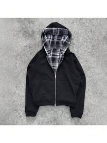 Reversible Plaid Hoodie | Vintage Y2K Design With Elegant Layering For Casual Wear - 1 - 查看 2