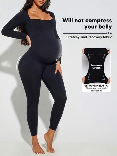 Mono de maternidad de unicolor con cuello de pico, manga larga y alta elasticidad para expandir el abdomen, color negro