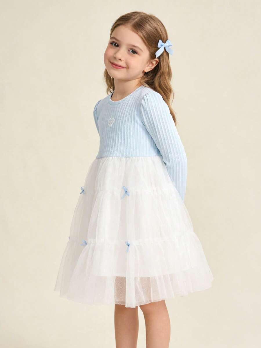 Balabala Mädchen Tüll Prinzessin Kleid mit Schleifen Dekor, Mädchen Party Kleid, Frühling 2026 - blauer Farbton - Übersicht 1