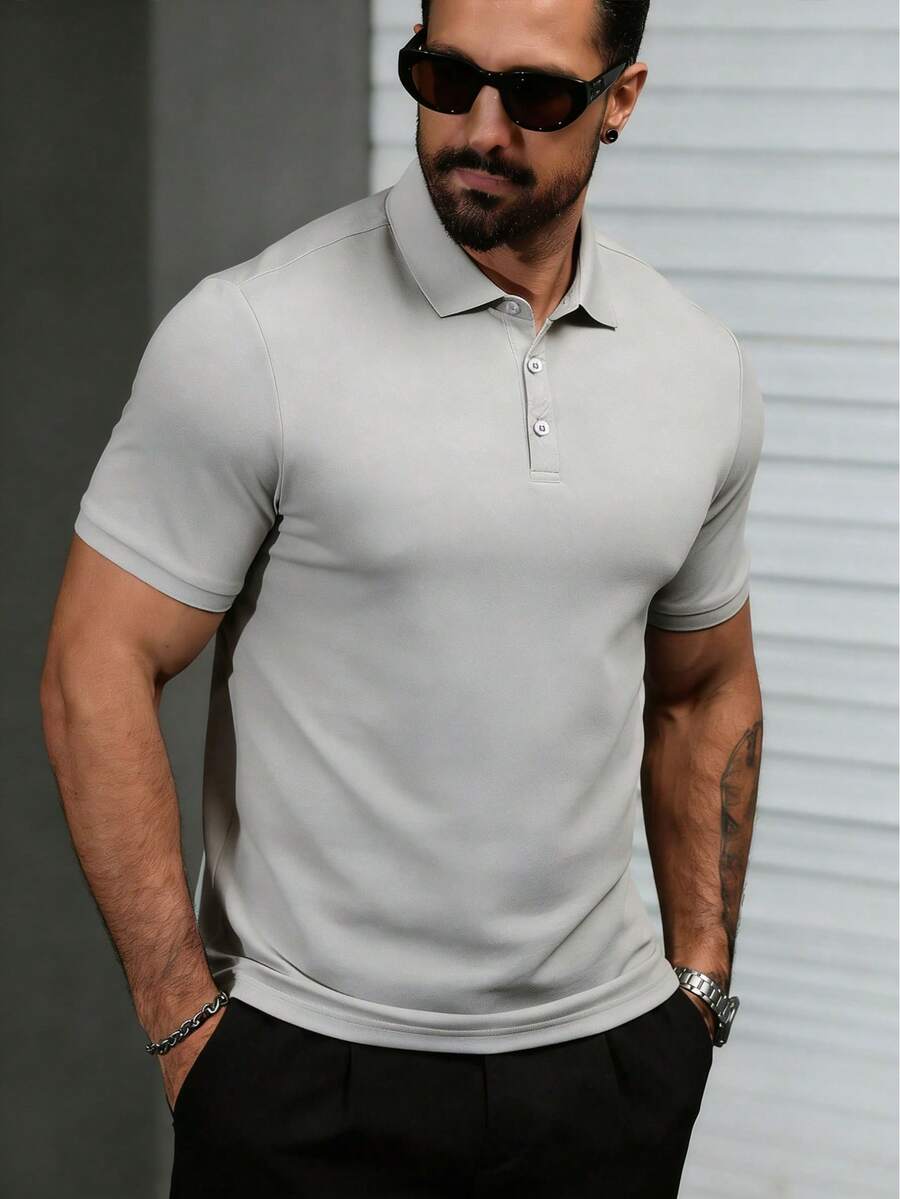 Men's Golf Polo Shirt, Fashion Business Casual Printed Short Sleeve Polo With Button Design - Grey - View 1