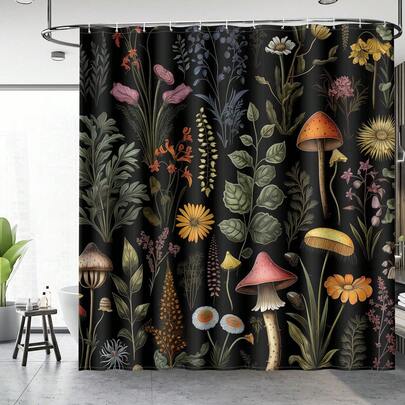 1pc Dark Themed Plant Flower Shower Curtain, Retro Plant Flower Printed Shower Curtain, Perfect For Bathroom Decoration, Universal Room Decoration, Home Decoration Set, Bathroom Accessories Bathtub Curtain